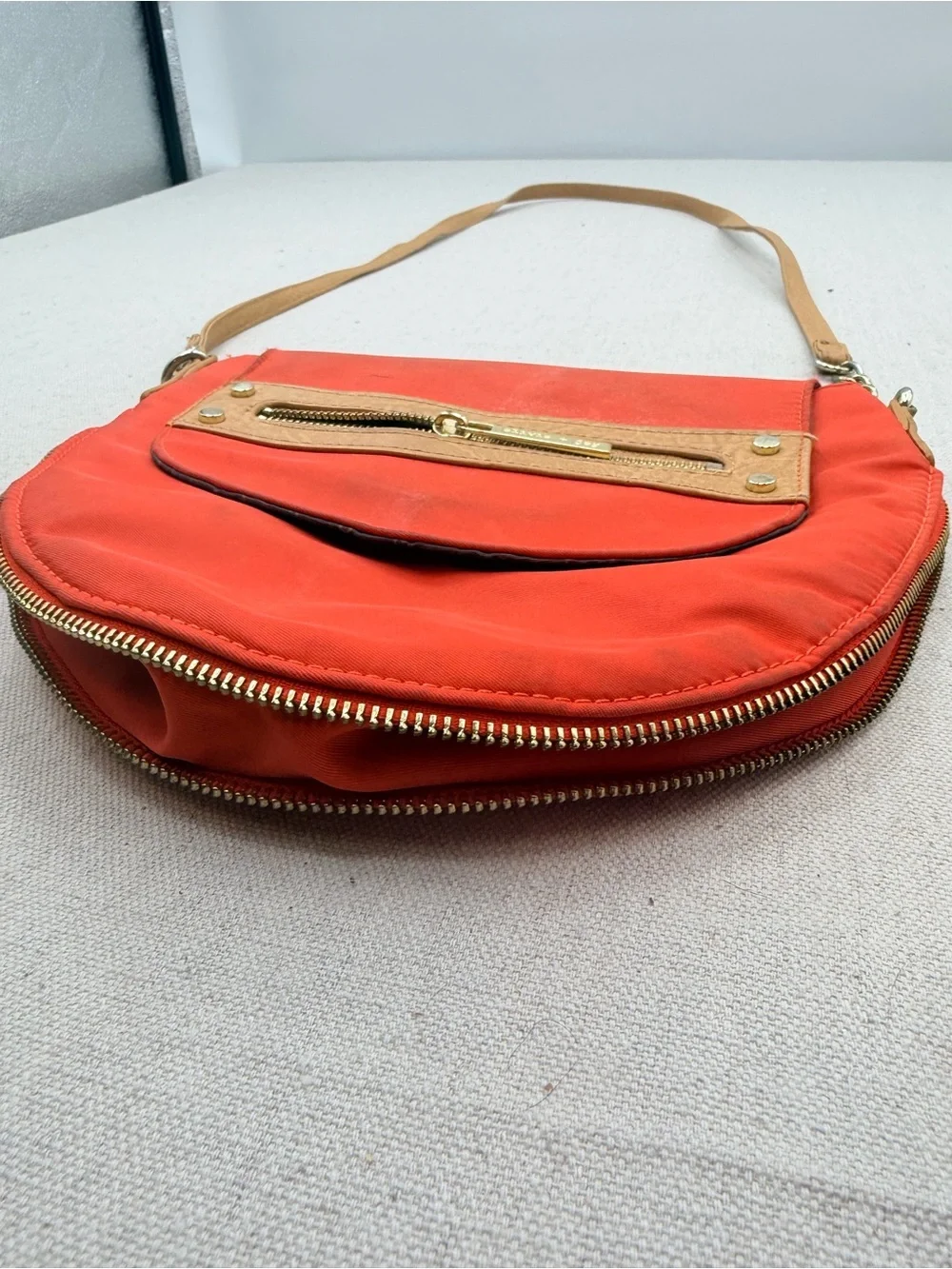Compact Orange Crossbody with Tan Trim and Gold Hardware